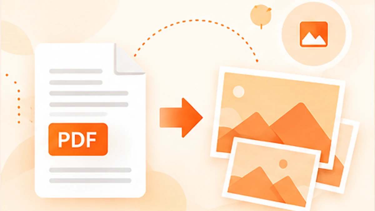 A PDF page being converted into several landscape JPG image cards with an orange arrow and download symbol