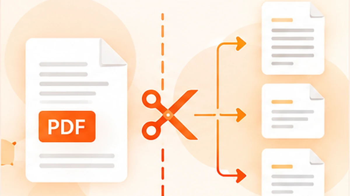 A stack of PDF pages being divided into three smaller document groups with orange arrows and a scissors icon